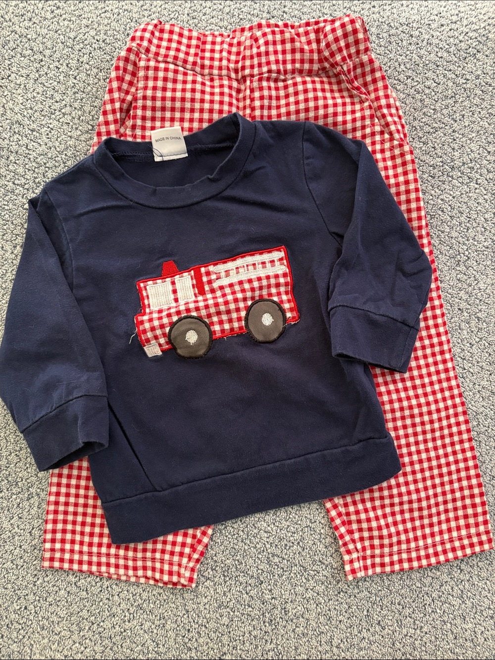 Kids Navy Blue Firetruck Shirt with Red Plaid Pants